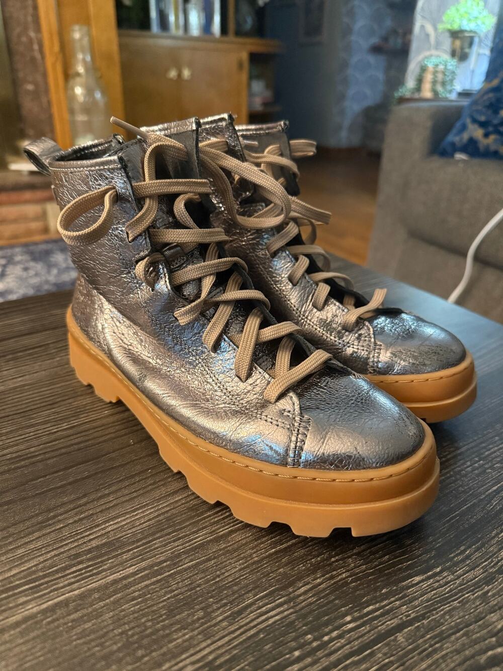 CAMPER Brutus Silver Laminated Leather Ankle Boots Sz. 38